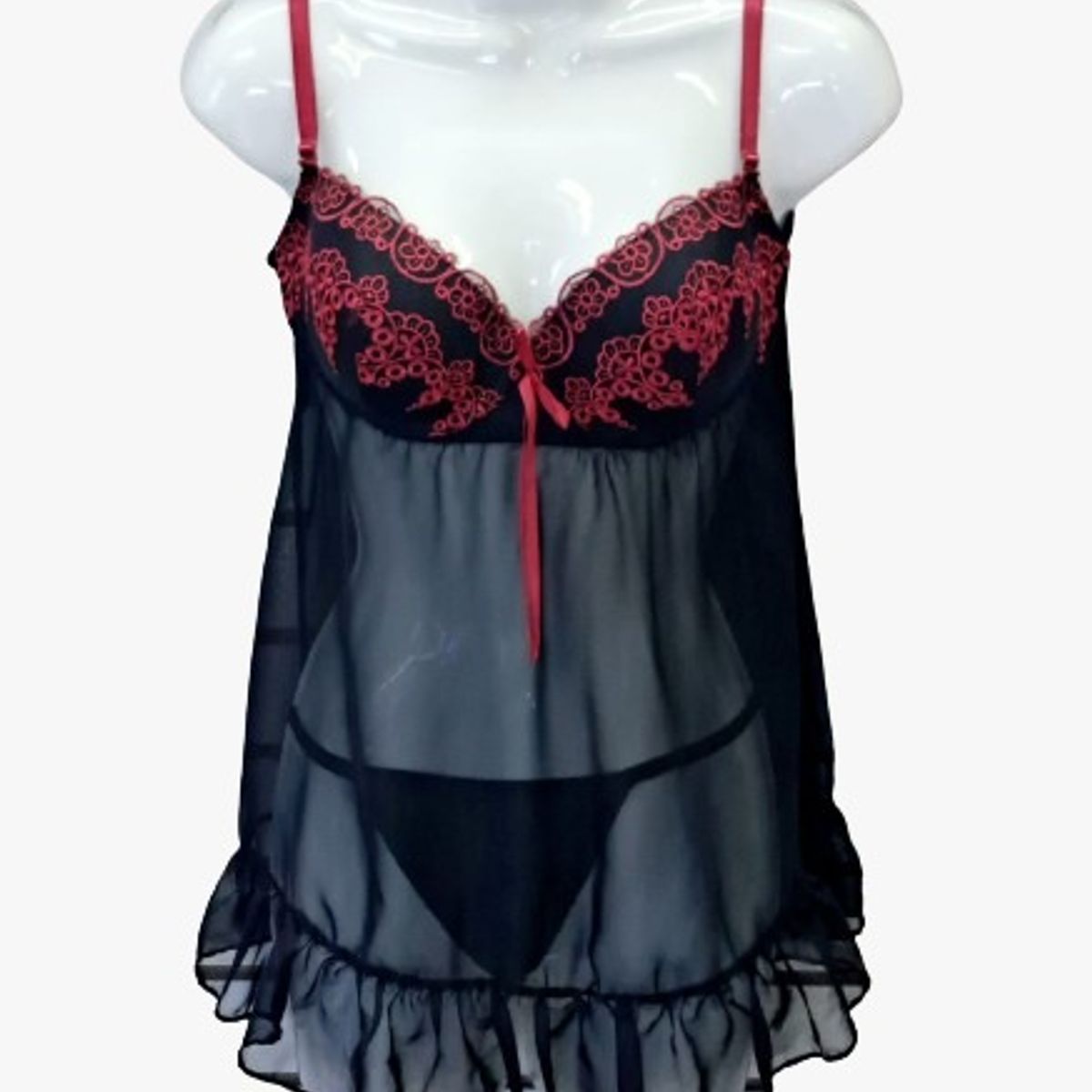 GENERICO - Baby doll Negro Copa Bordada con flores rojas  talla M de DEALCOBA