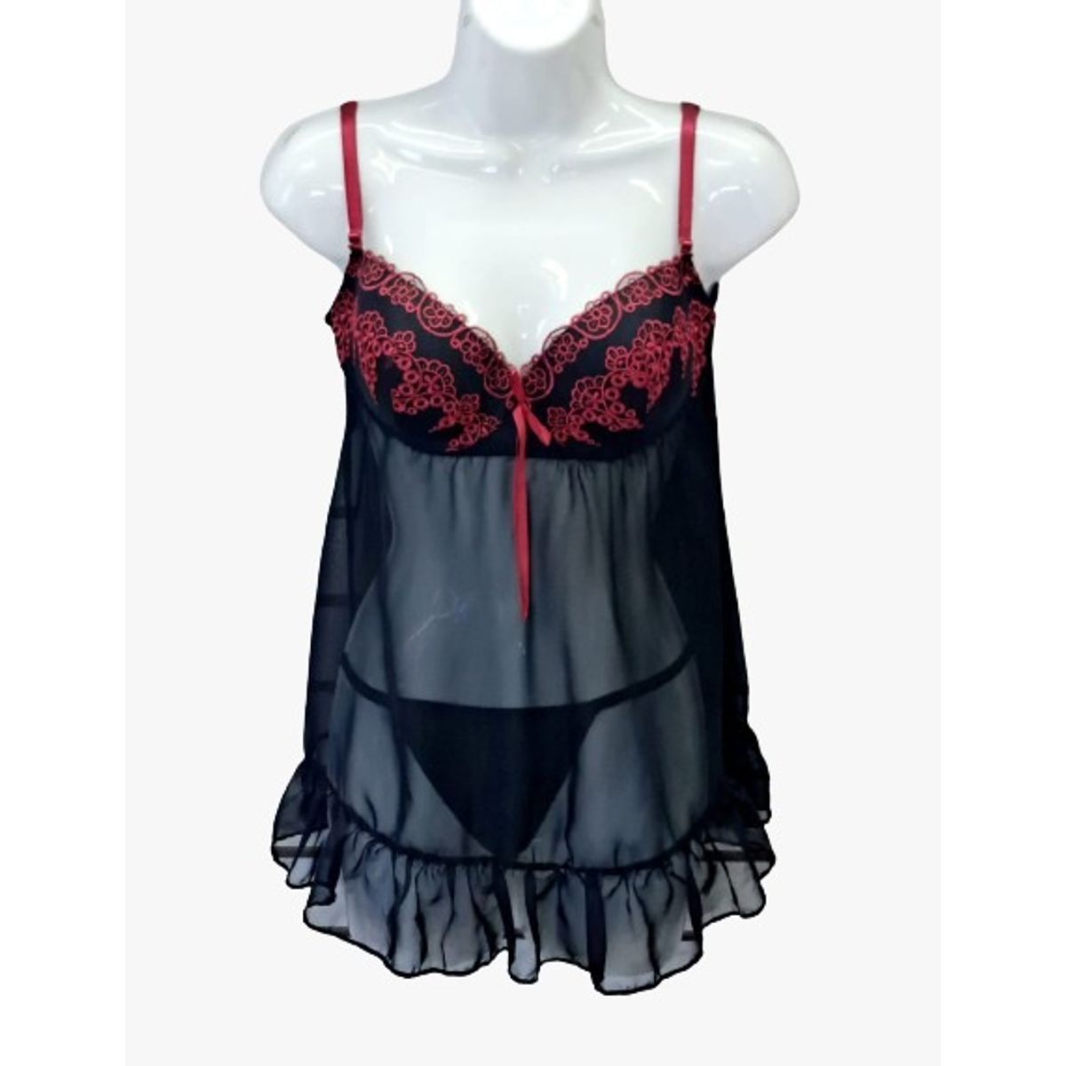 GENERICO - Baby doll Negro Copa Bordada con flores rojas  talla M de DEALCOBA