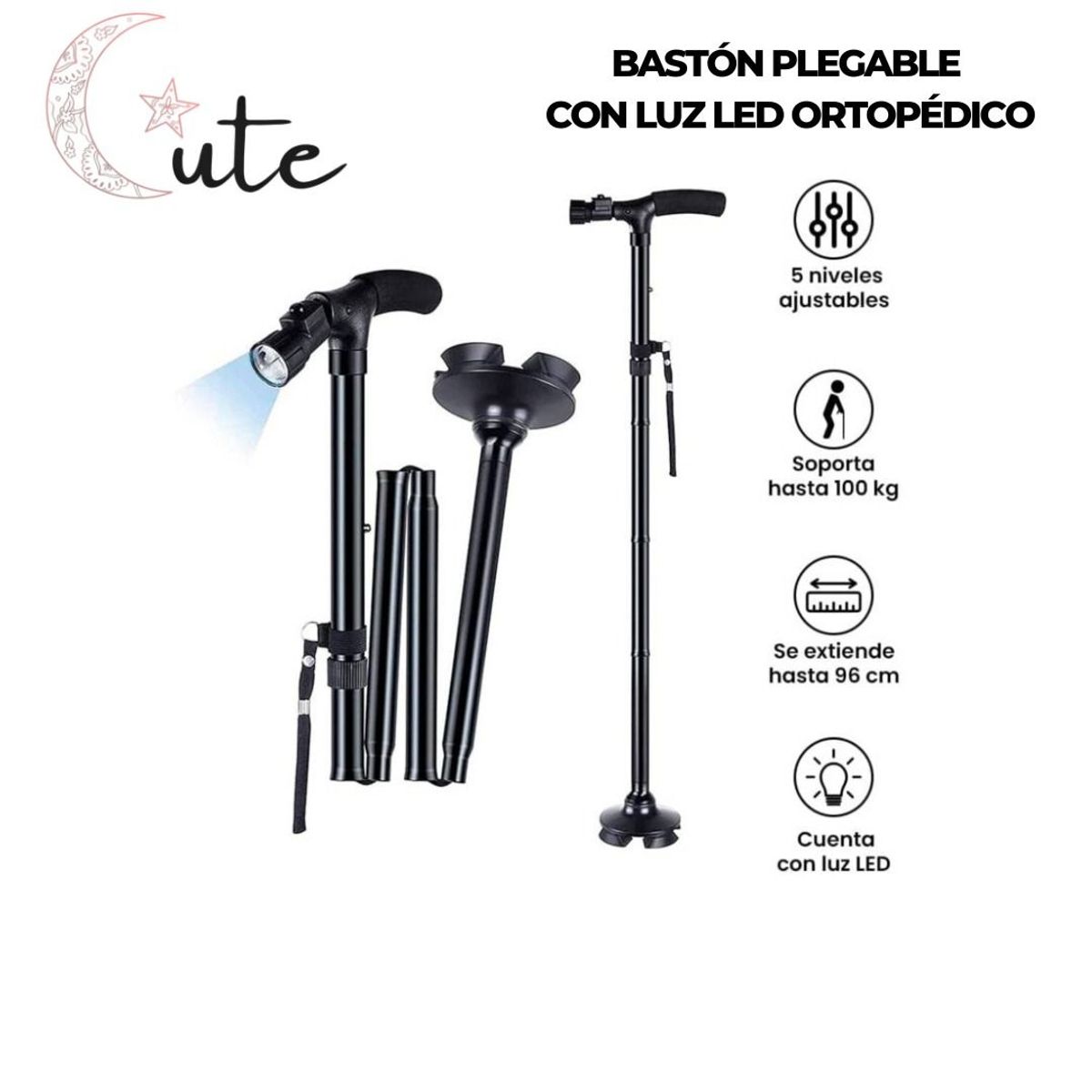 GENERICO - BASTÓN PLEGABLE ORTOPÉDICO CON LUZ BASE DE 4 APOYOS