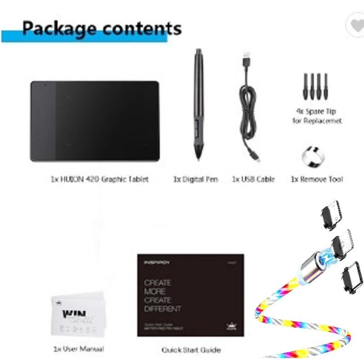 HUION - Tableta Gráfica Digital Huion 420 + CABLE LED BLANCO