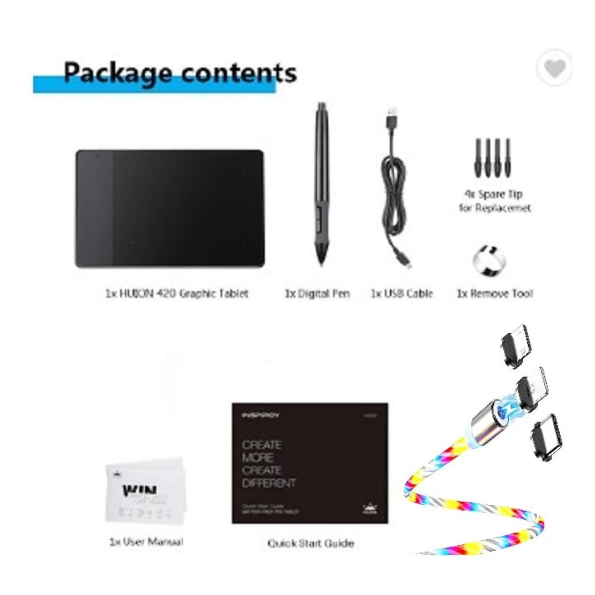 HUION - Tableta Gráfica Digital Huion 420 + CABLE LED BLANCO