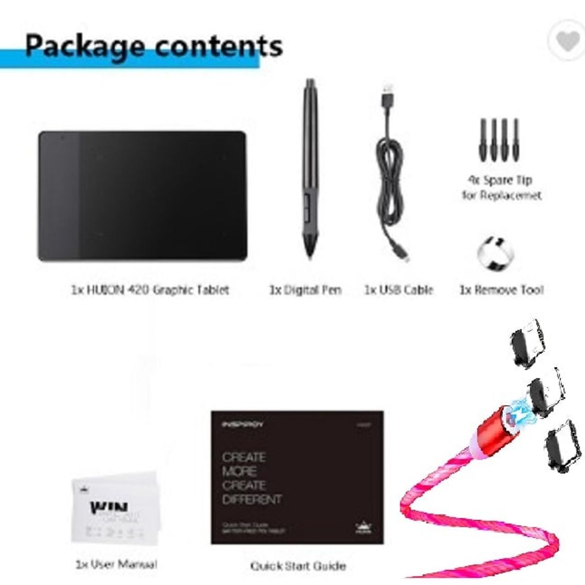 HUION - Tableta Gráfica Digital Huion 420 + CABLE LED ROJO