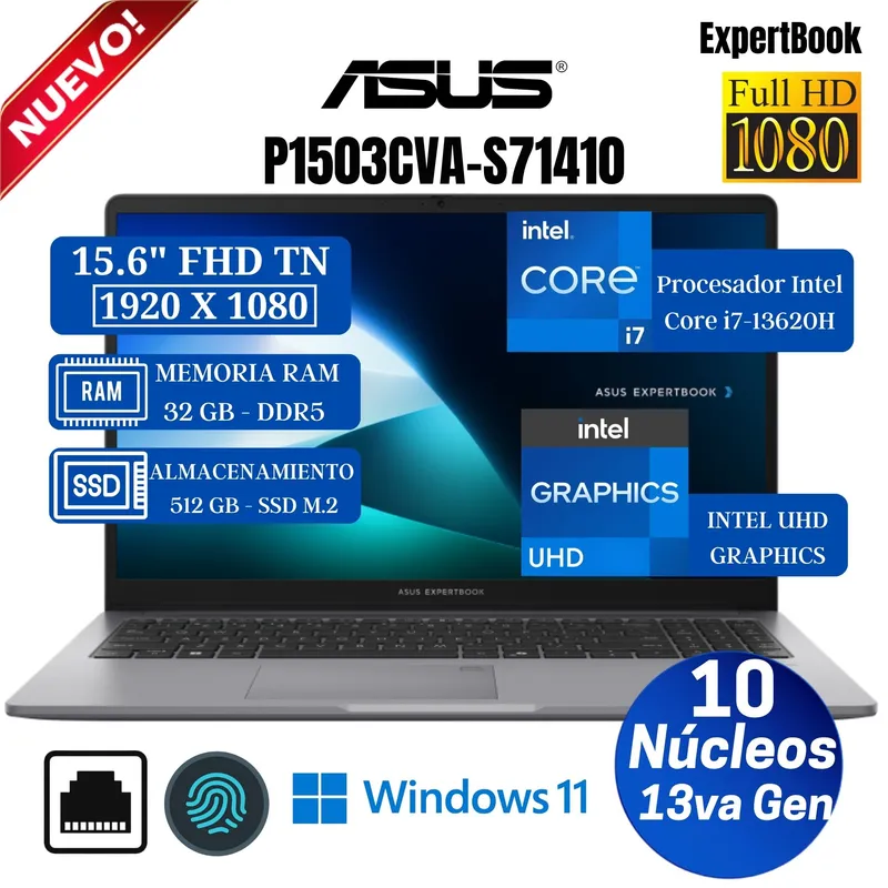 ASUS - Laptop ASUS ExpertBook P1503CVA-S71410 15.6" FHD IPS, Core i7-13620H, Ram 32GB, SSD 512GB, Win 11
