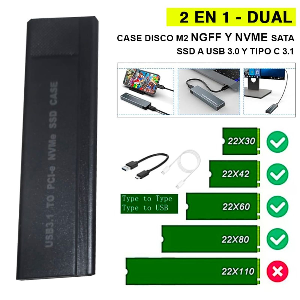 GENERICO - Case Disco M2 Ngff Nvme Sata Ssd DUAL A Usb 3.0 Y Tipo C 3.1