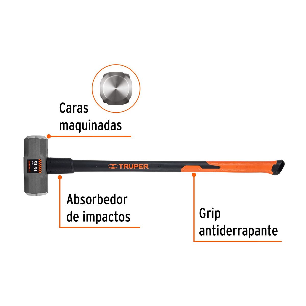 TRUPER - Comba octagonal 16 lb mango fibra de vidrio 36" truper