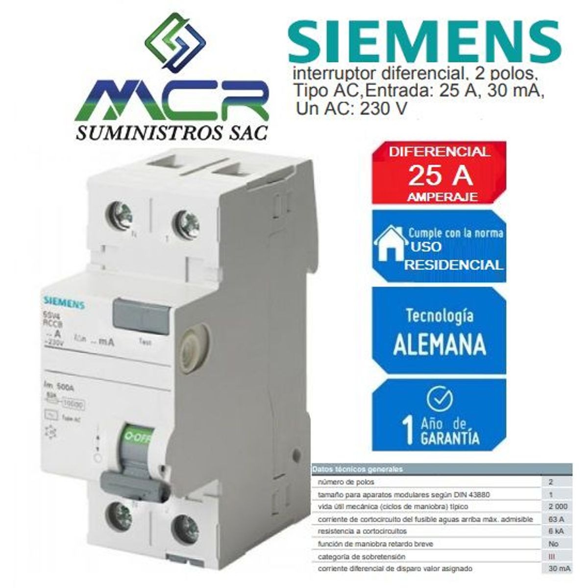 SIEMENS - INTERRUPTOR DIFERENCIAL 2X25 AC 30MA SIEMENS