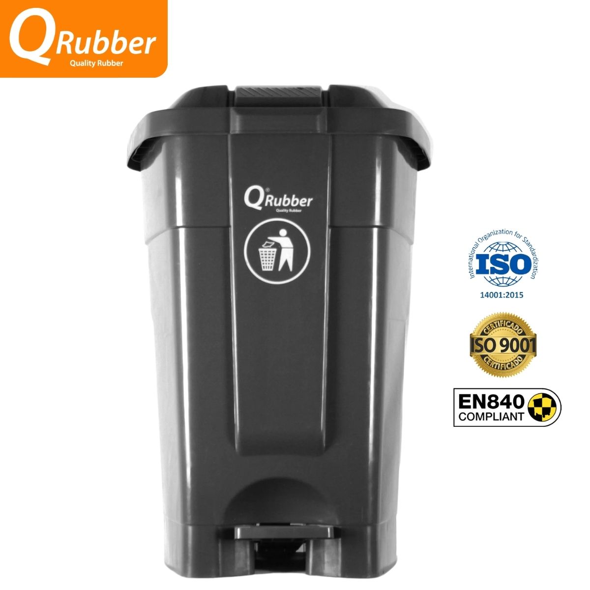 QRUBBER - Tacho de plástico (HDPE) 70 litros gris con pedal QRubber