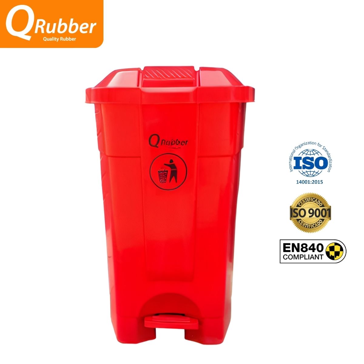 QRUBBER - Tacho de plástico (HDPE) 70 litros rojo con pedal QRubber