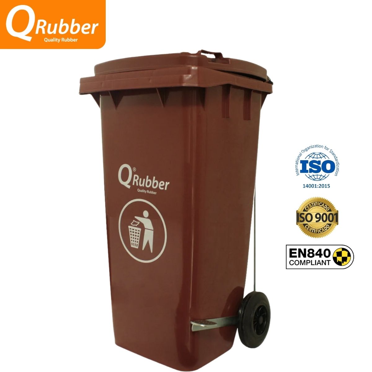 QRUBBER - Tacho de plástico (HDPE) 120 litros café con pedal QRubber