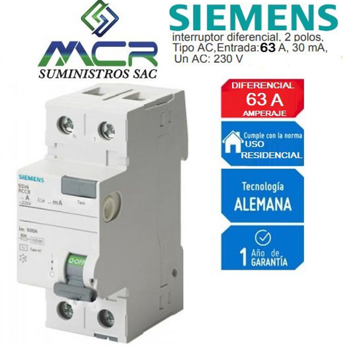 SIEMENS - INTERRUPTOR DIFERENCIAL 2X63 A  AC 30MA SIEMENS