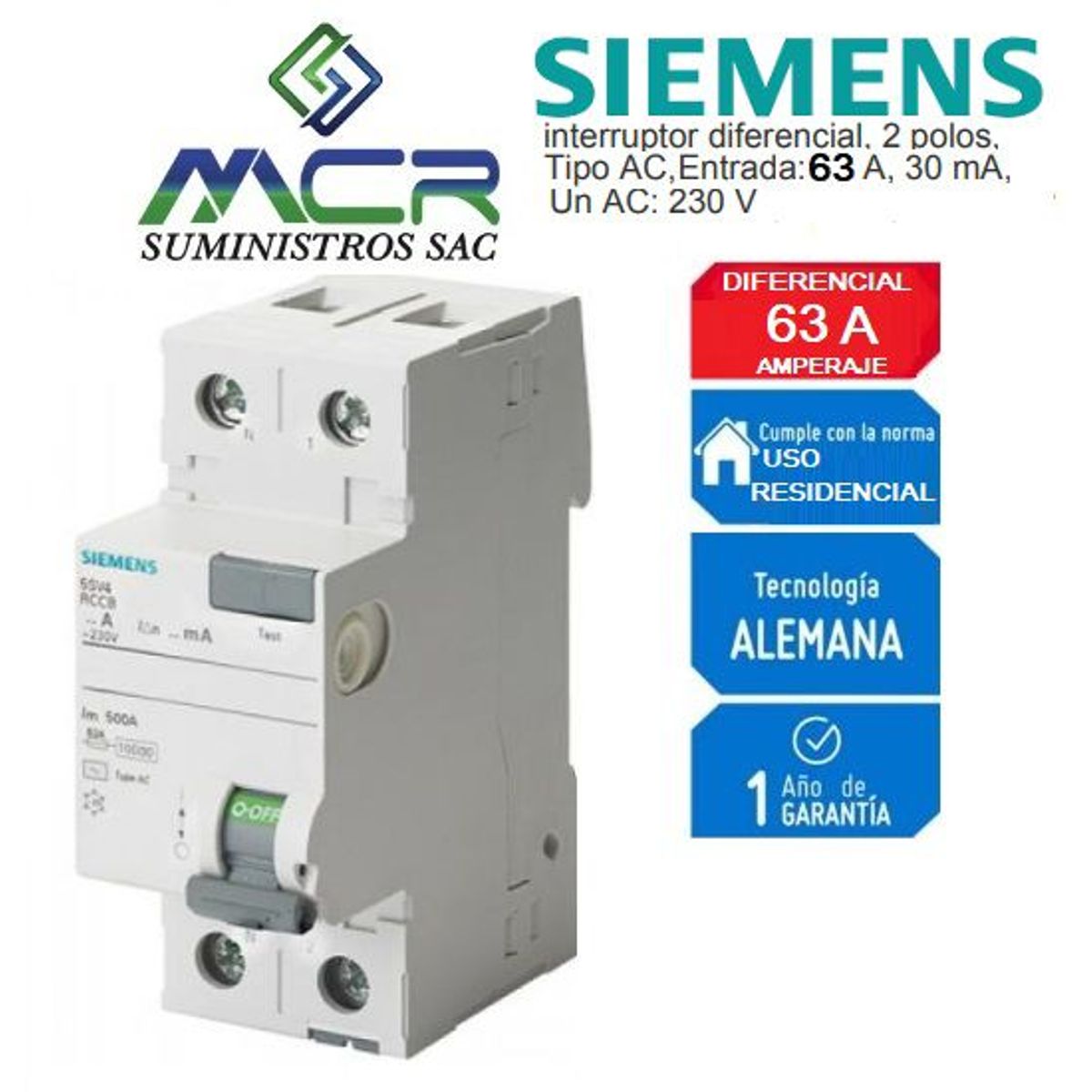 SIEMENS - INTERRUPTOR DIFERENCIAL 2X63 A  AC 30MA SIEMENS