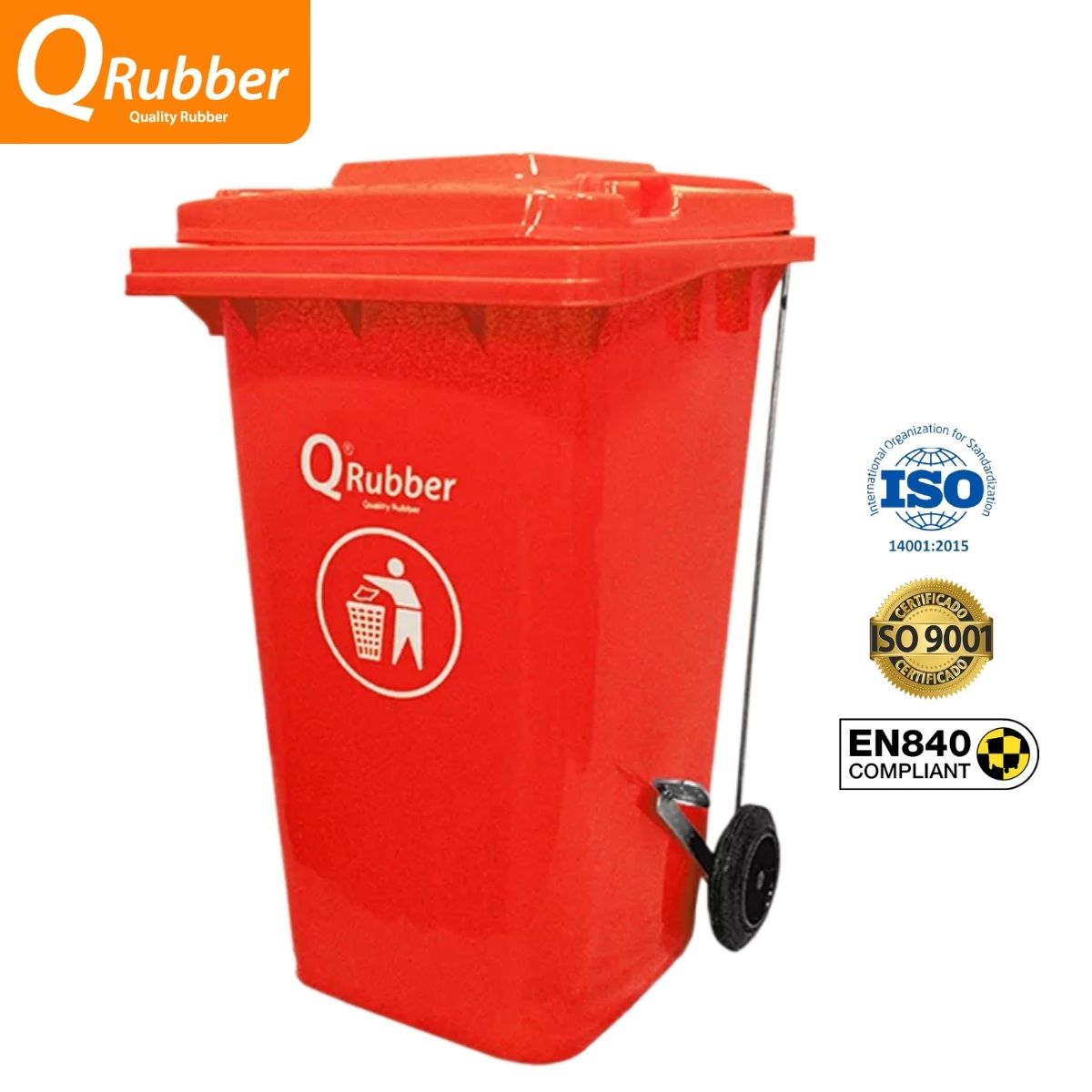 QRUBBER - Tacho de plástico (HDPE) 240 litros rojo con pedal QRubber