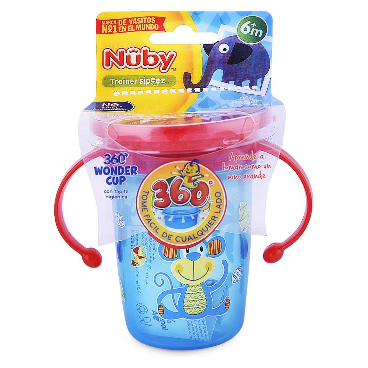 NUBY - Taza  360º 8 Onzas Azúl C/tapa roja  Con Asas mod.Mono