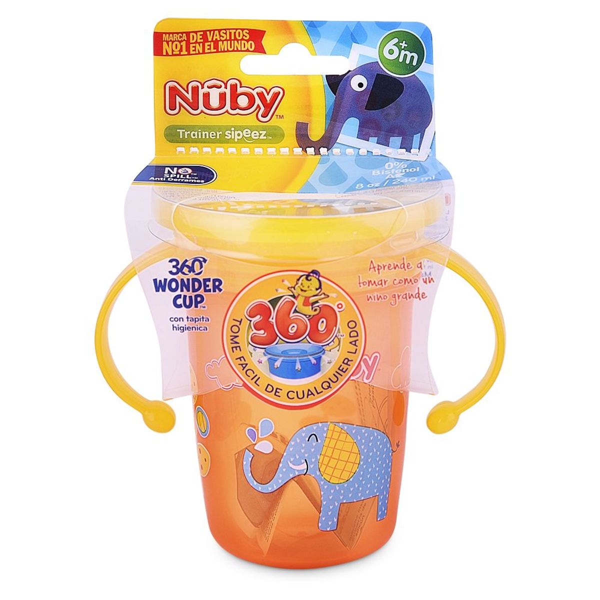 NUBY - Taza 360º 8 Onzas Naranja C/tapa Con Asas Amarillo