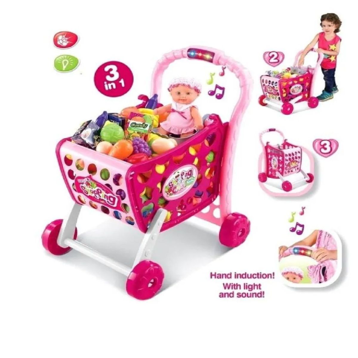 XION CHENG - Juguete 3 en 1 Coche de Compras Musical  con Accesorios