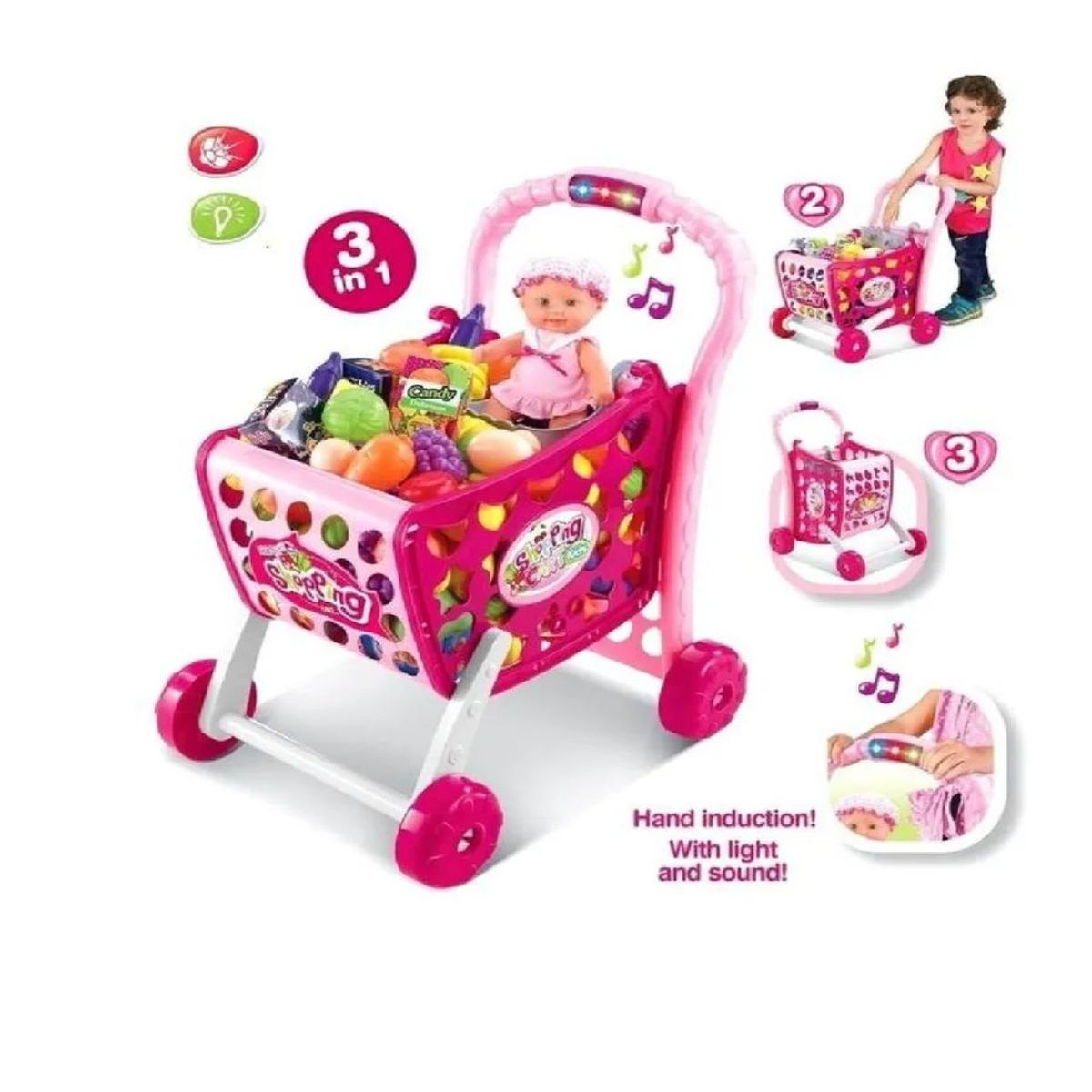 XION CHENG - Juguete 3 en 1 Coche de Compras Musical  con Accesorios