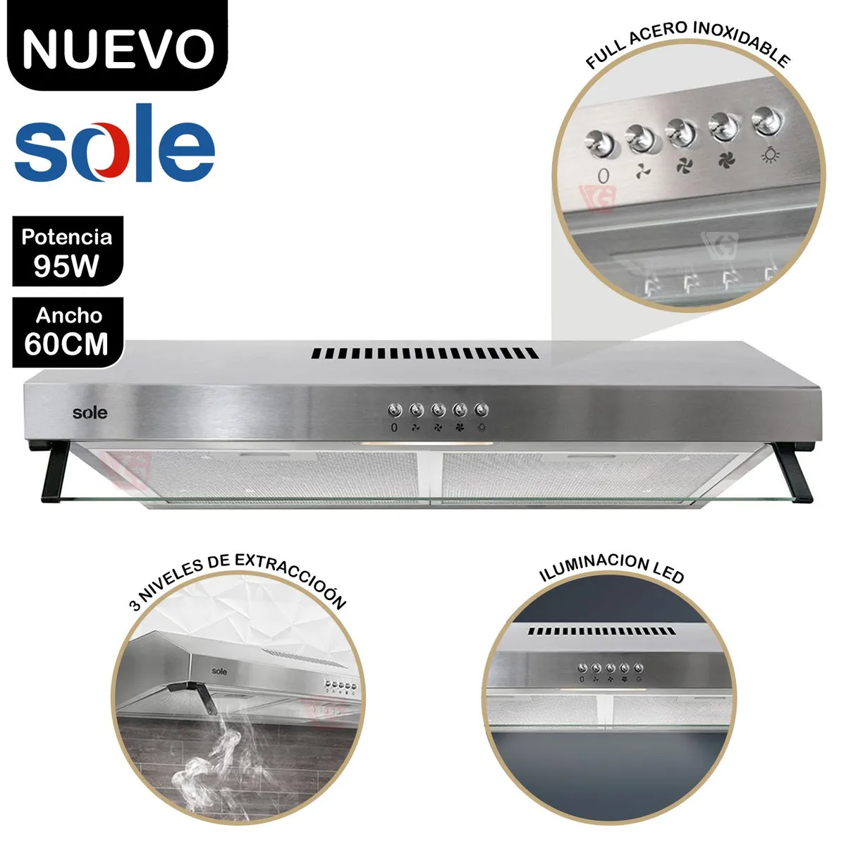 SOLE - Campana Extractora Roma Sole TURE15C0V2 Acero Inoxidable 60cm