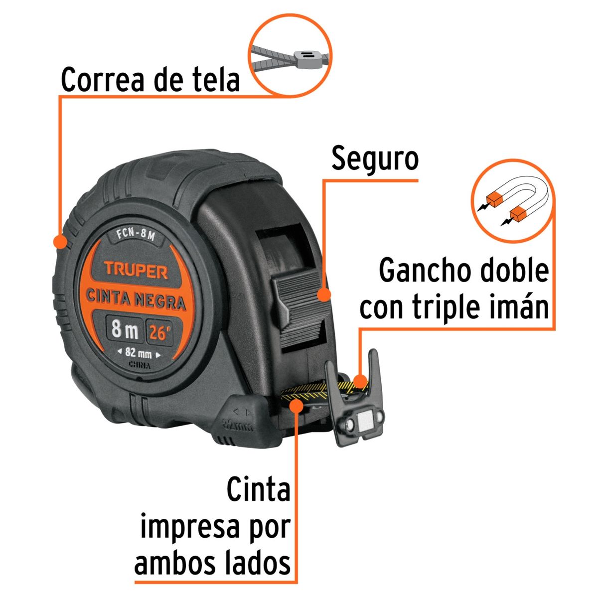 TRUPER - Wincha Magnética contra impactos Cinta Métrica 8m cinta Negra TRUPER
