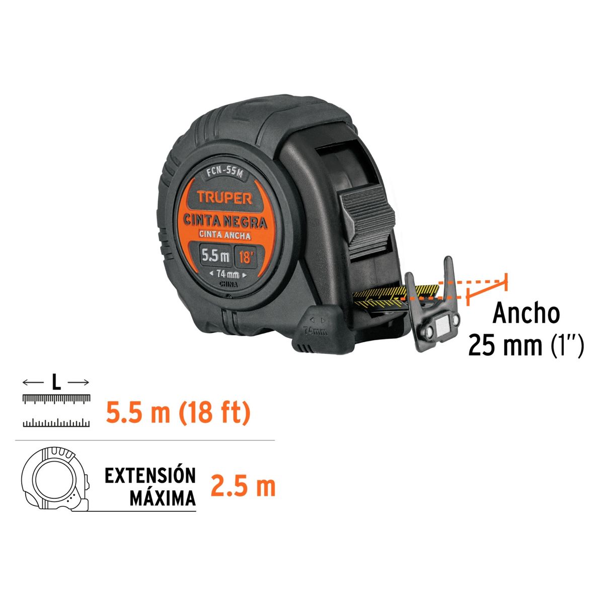 TRUPER - Wincha Magnética contra impactos Cinta Métrica 55m cinta Negra TRUPER