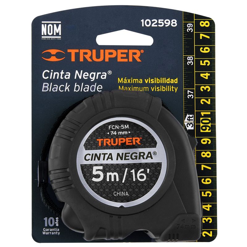 TRUPER - wincha contra impactos 5.m flexómetro cinta métrica Cinta Negra 25 mm
