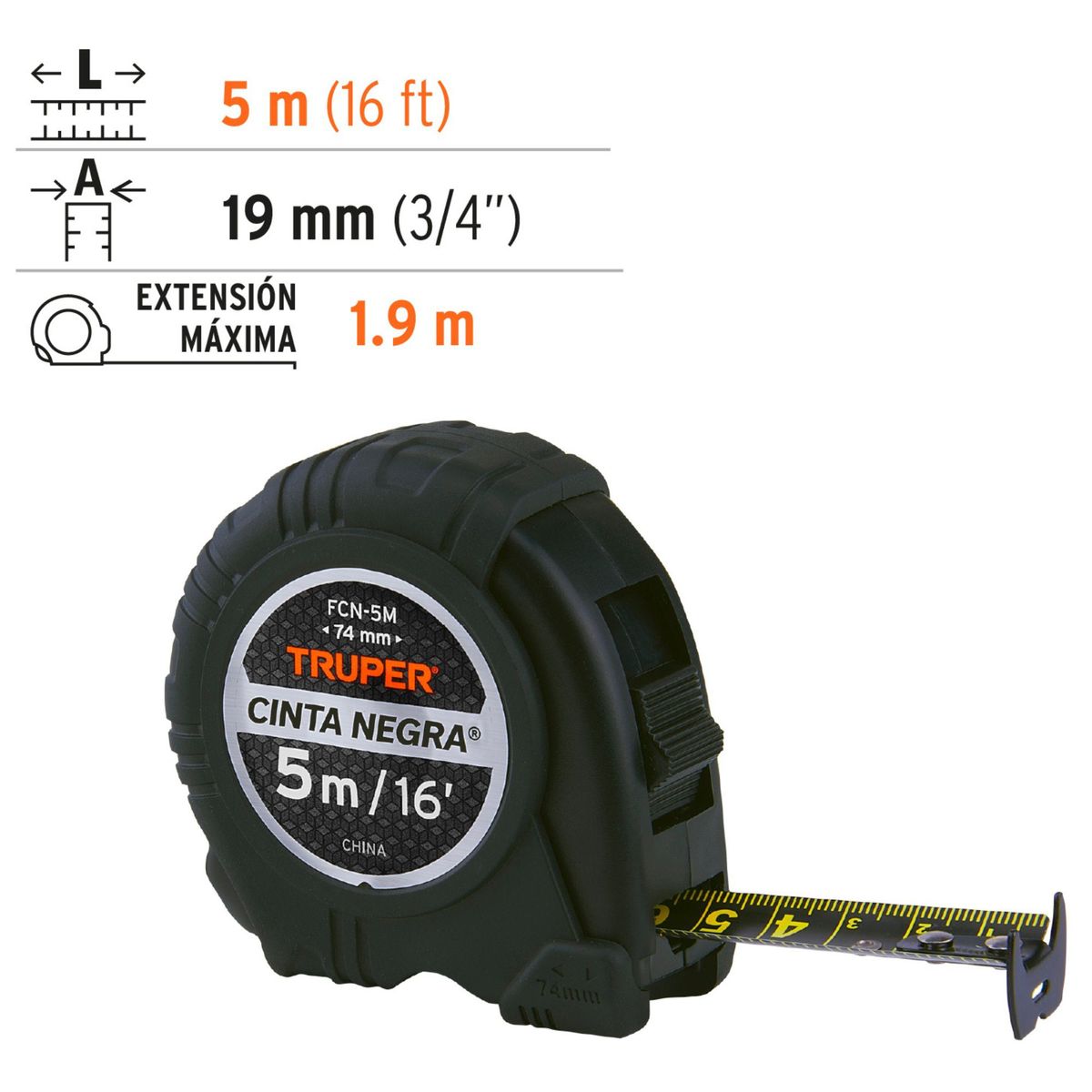 TRUPER - Wincha Cinta Métrica 5m Cinta Negra contra impacto TRUPER