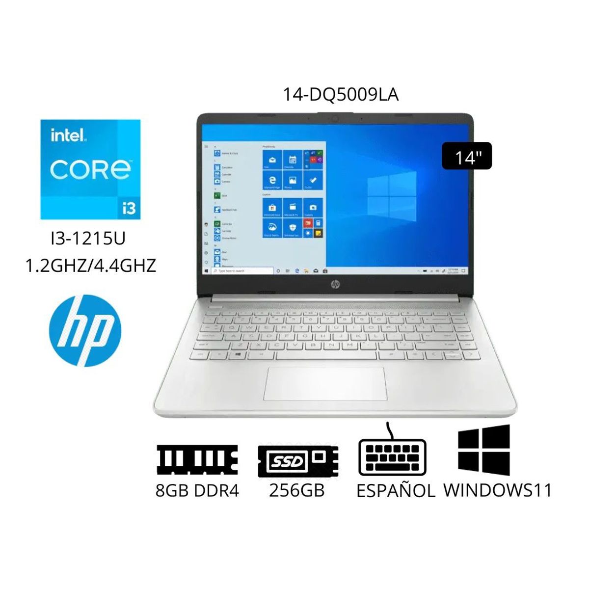 HP - Laptop HP 14 HD Intel Ci3 14-dq5009la 8GB 256GB 12va Generación Windows 11 - Plateada