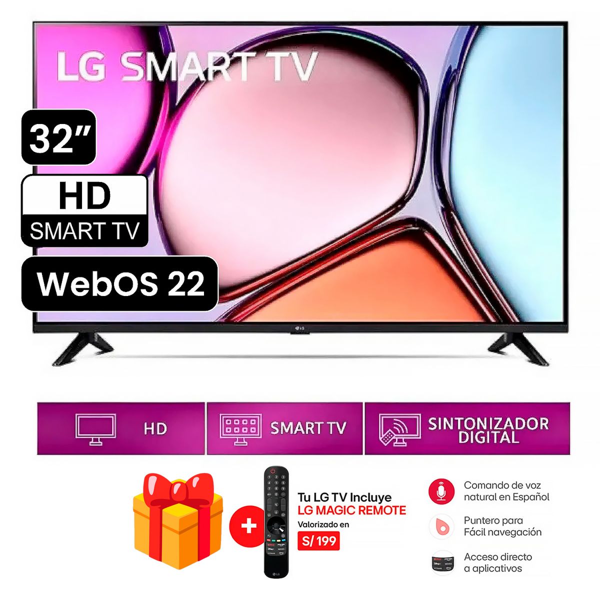 LG - Televisor LG 32 Pulg. LED Smart TV HD con ThinQ AI 32LQ600BPSA + Control Inteligente MAGIC