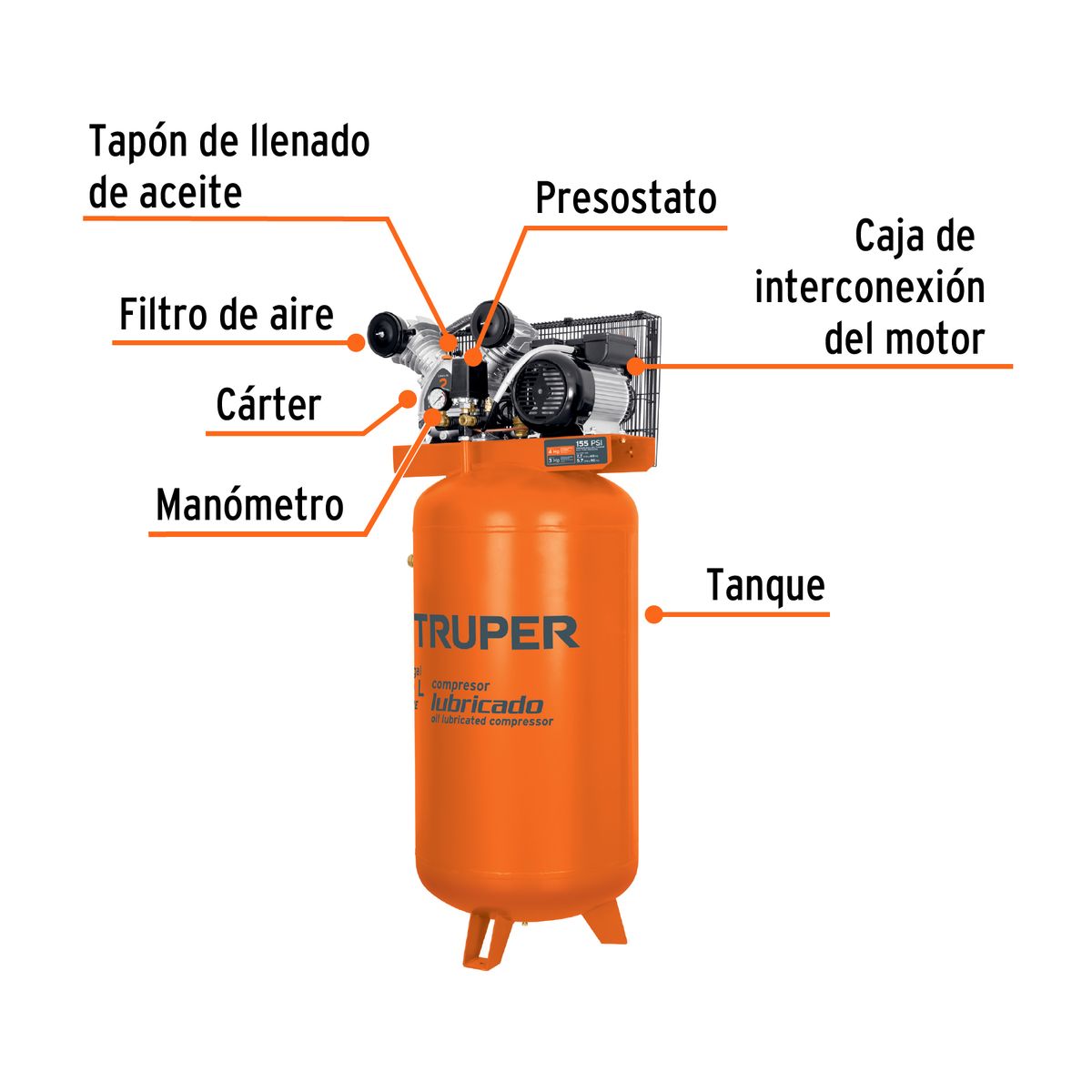 TRUPER - Compresor vertical 180 L, 4 HP (máx) 220 V, clavija europea, Truper