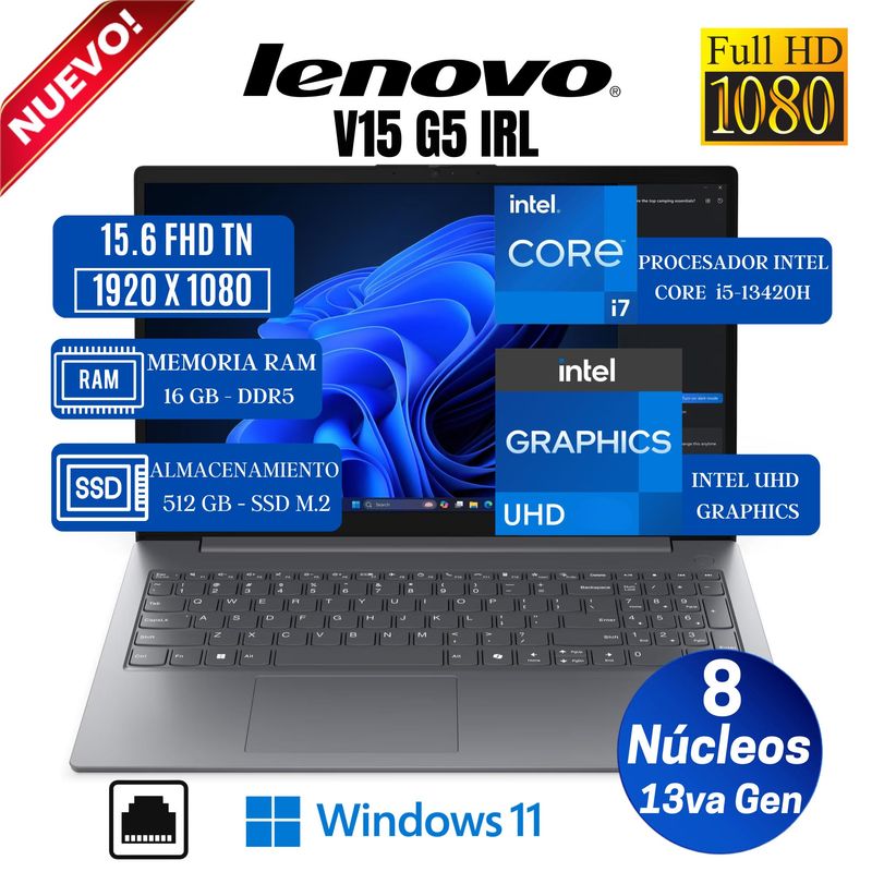 LENOVO - Laptop Lenovo V15 G5 IRL 15.6" FHD TN, Intel Core i5-13420H, Ram 16GB, Ssd 512GB, Win 11