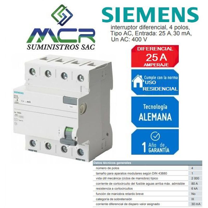 SIEMENS - INTERRUPTOR DIFERENCIAL 4X25 A  AC 30MA SIEMENS
