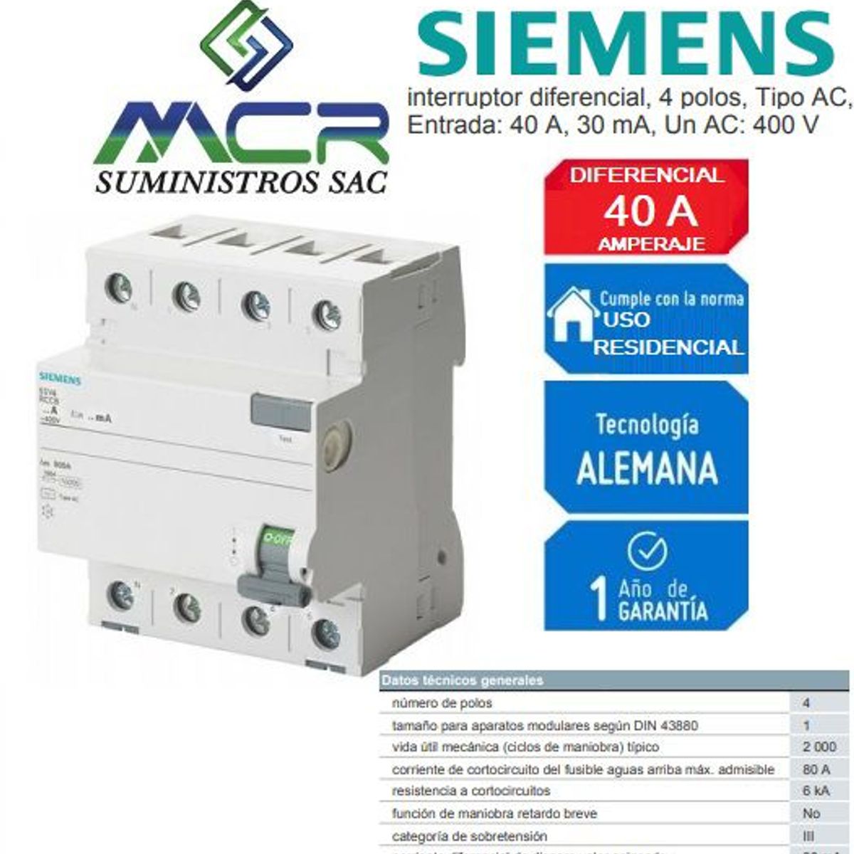 SIEMENS - INTERRUPTOR DIFERENCIAL 4X40 A  AC 30MA 400V SIEMENS