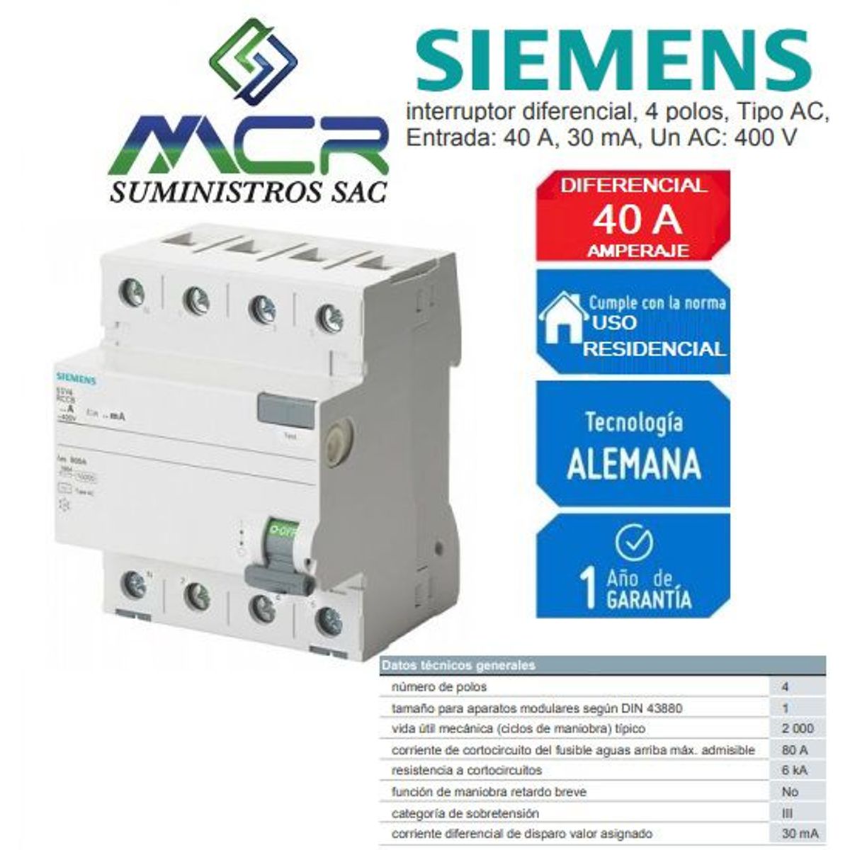 SIEMENS - INTERRUPTOR DIFERENCIAL 4X40 A  AC 30MA 400V SIEMENS