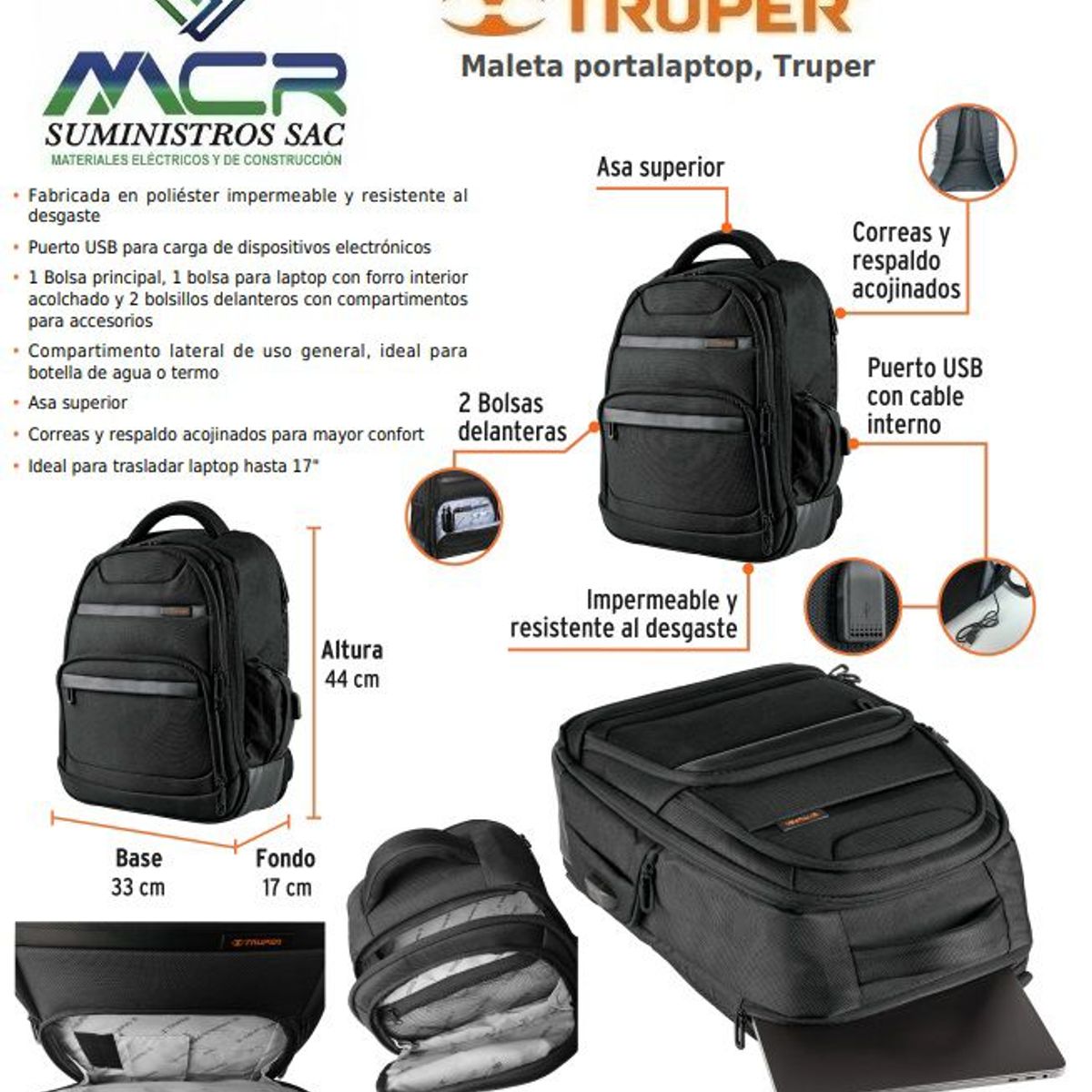 TRUPER - Mochila Para Lapto HASTA 17 PULGADAS COLOR NEGRO