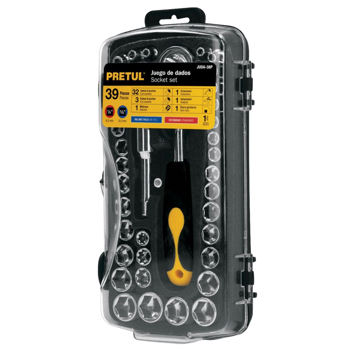 PRETUL - Juego de dados, ratchet, extensión herramienta para mecánico 39 piezas