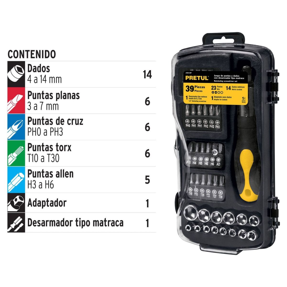 PRETUL - Dados y puntas para destornillar herramienta para mecánico 39 piezas