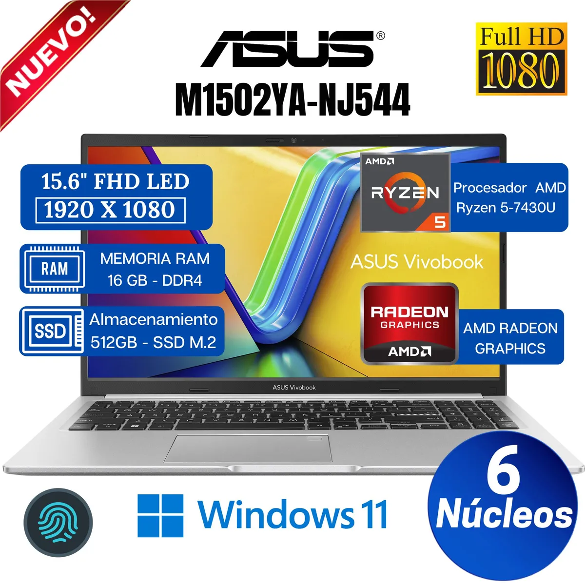 ASUS - Laptop ASUS Vivobook M1502YA-NJ544 15.6"  FHD, AMD Ryzen 5-7430U, Ram 16GB, SSD 512GB, Win 11