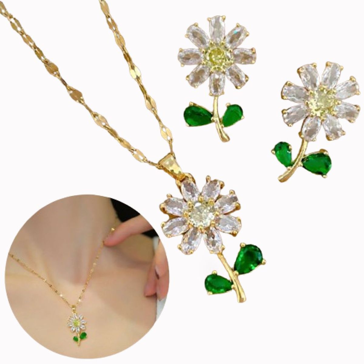 GENERICO - Set Collar  Aretes Margarita  Acero Inoxidable + Estuche de Terciopelo