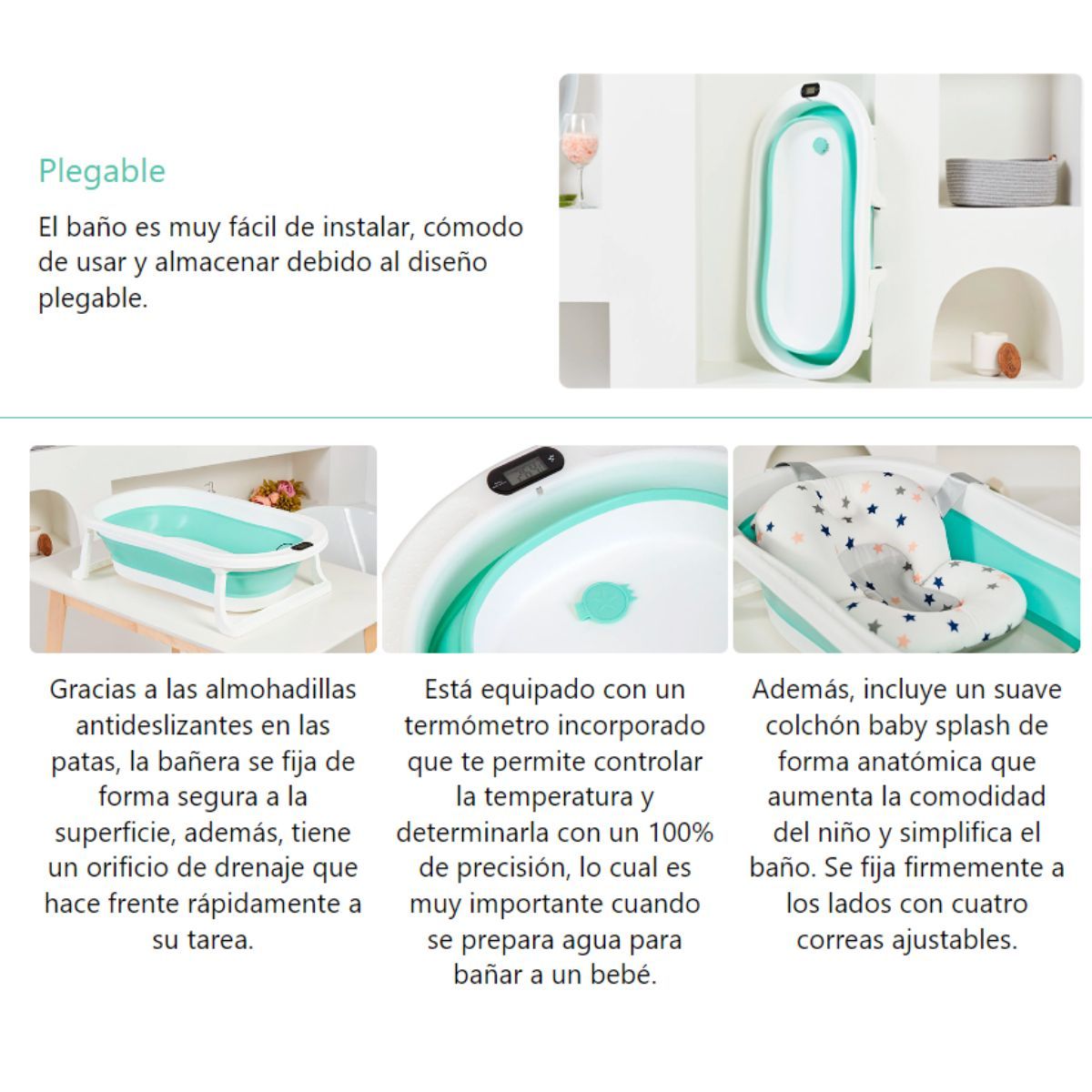 GENERICO - Bañera para Bebe Plegable + Termómetro Cojin Antideslizante