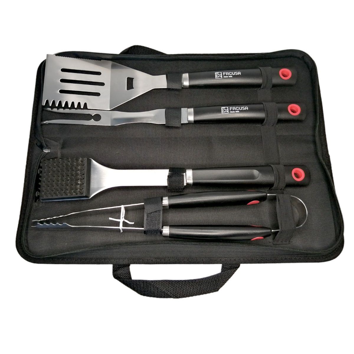 FACUSA - Set de Utensilios x 4 para Parrilla BBQ con Maleta de Nylon