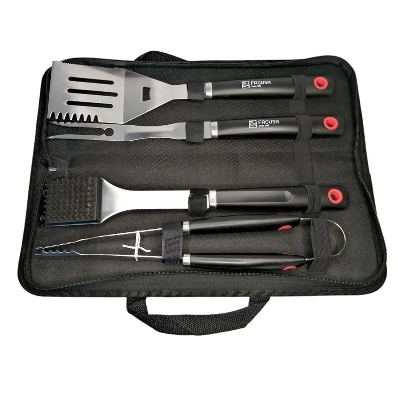 FACUSA - Set de Utensilios x 4 para Parrilla BBQ con Maleta de Nylon