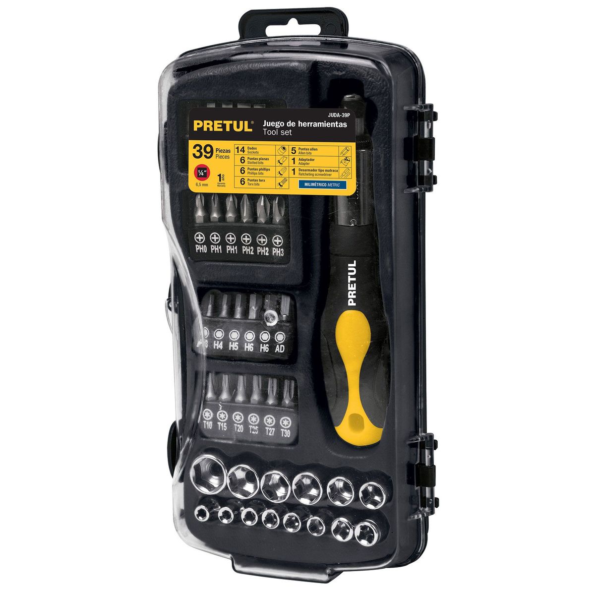 PRETUL - Juego de 39 herramientas 1/4" para mecánico