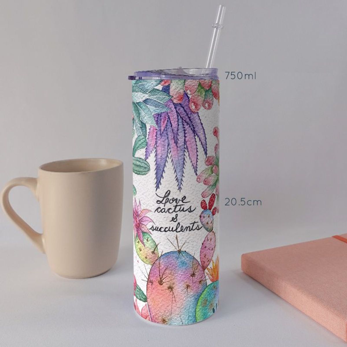 KUSTOMIT - Vaso Tomatodo Tumbler Mug Acero 750ml - Cactus y suculentas