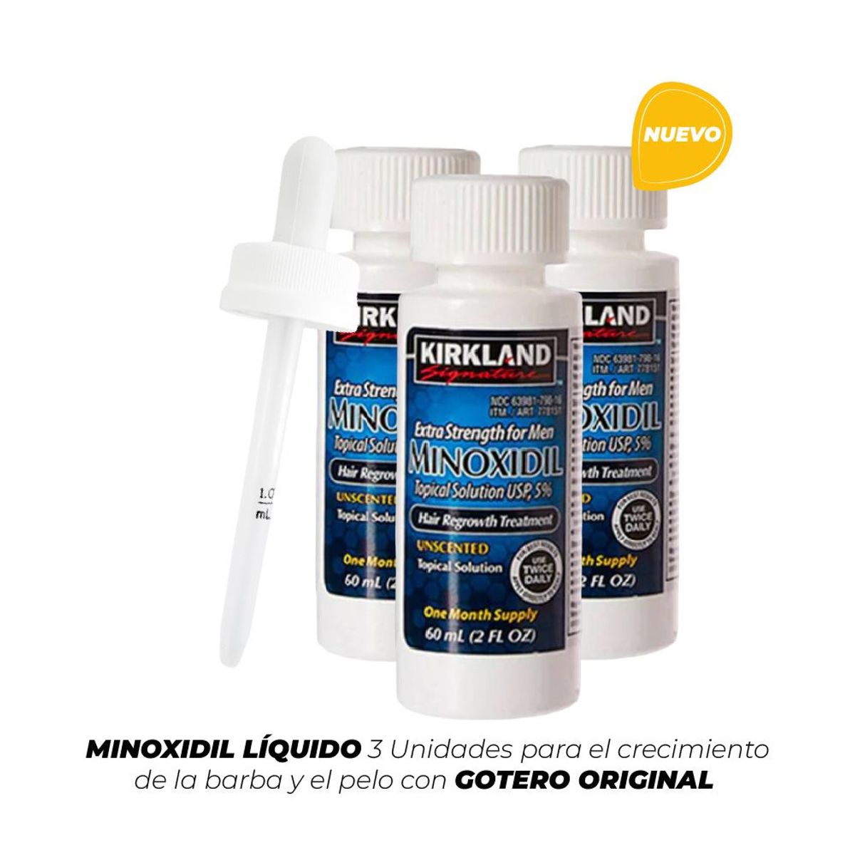 KIRKLAND - Minoxidil Kirkland 5% más Gotero para barba y cabello - 03 Unidades