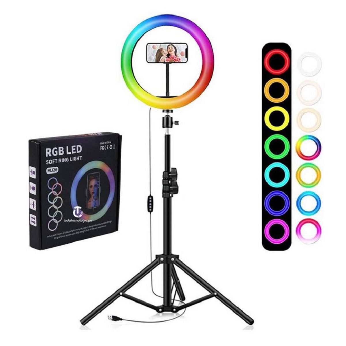 GENERICO - Aro luz led 26 cm rgb colores + trípode 2.10 metros