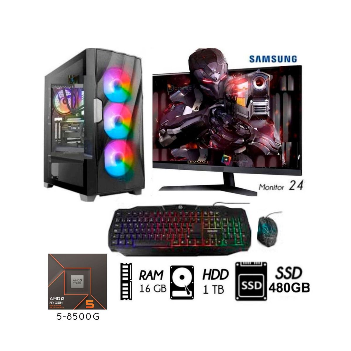 AMD - Computadora PC GAMER RYZEN 5-8500G RAM 16GB DISCO 1TB+SSD 480GB MONITOR 24 FHD