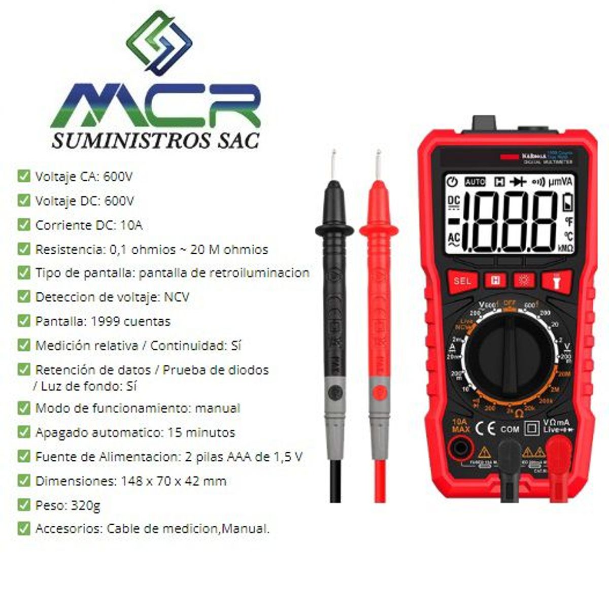 GENERICO - MULTIMETRO EN CA Y DC HASTA 600V DIGITAL