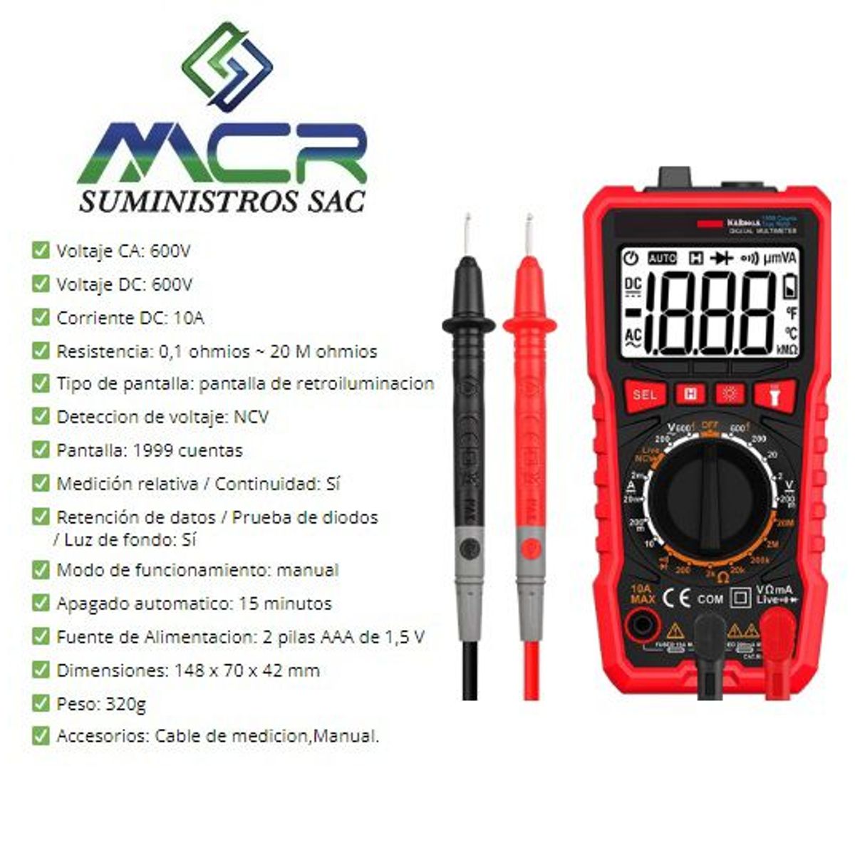 GENERICO - MULTIMETRO EN CA Y DC HASTA 600V DIGITAL