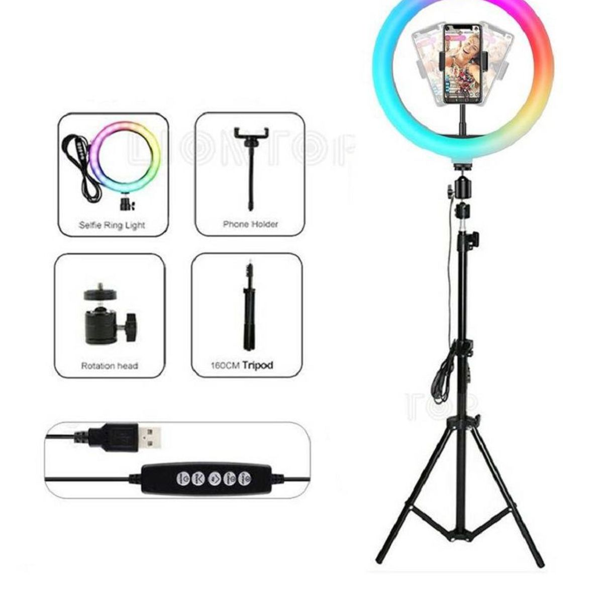 GENERICO - ARO LUZ LED 30 CM RGB COLORES + TRIPODE DE 2.10 M