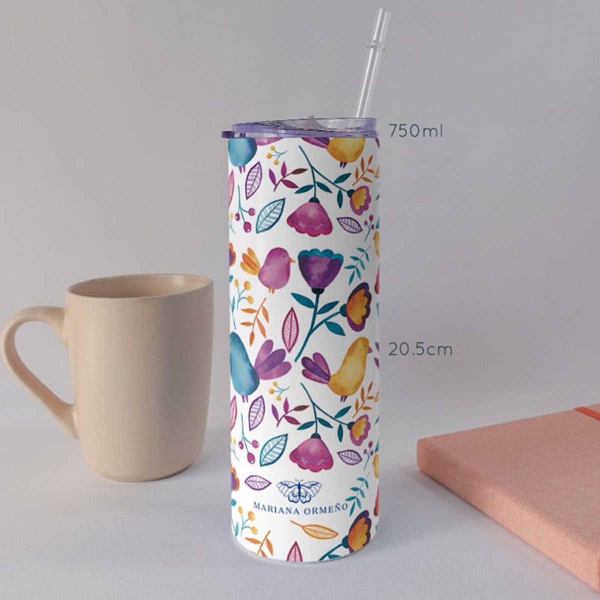 KUSTOMIT - Vaso Tomatodo Tumbler Mug Acero 750ml - Pajaritos fondo blanco