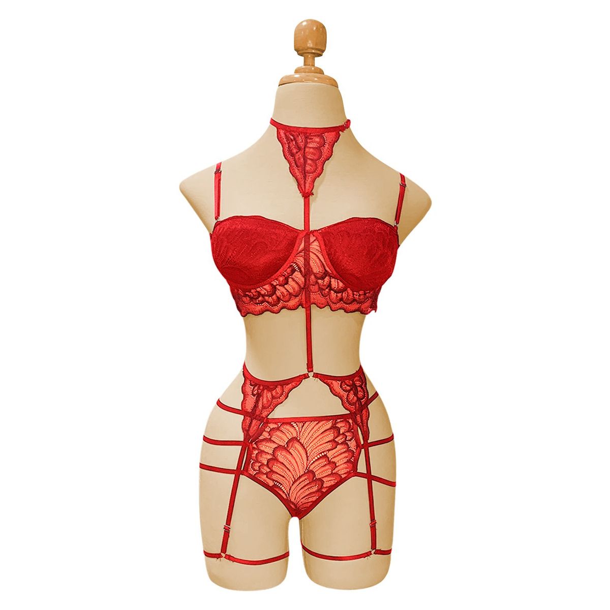 BUYPAL - Lenceria Sexy Mujer Erotica Babydoll Cuello Panties Sosten Rojo